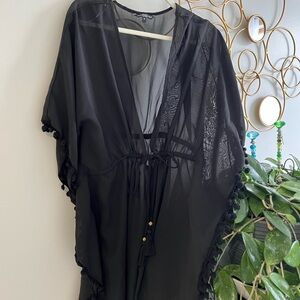 Sheer Black Pom-Trim Kimono Cover-Up